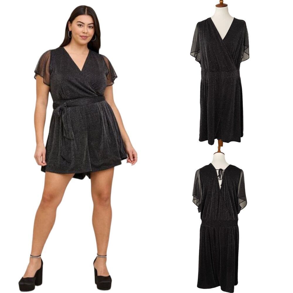 Torrid Black Glitter Lurex Flutter Sleeve Surplice Wrap Romper Plus Size 6